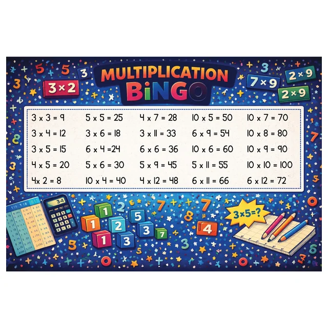 Multiplication Bingo - Mixed times tables facts - Grades 3-6