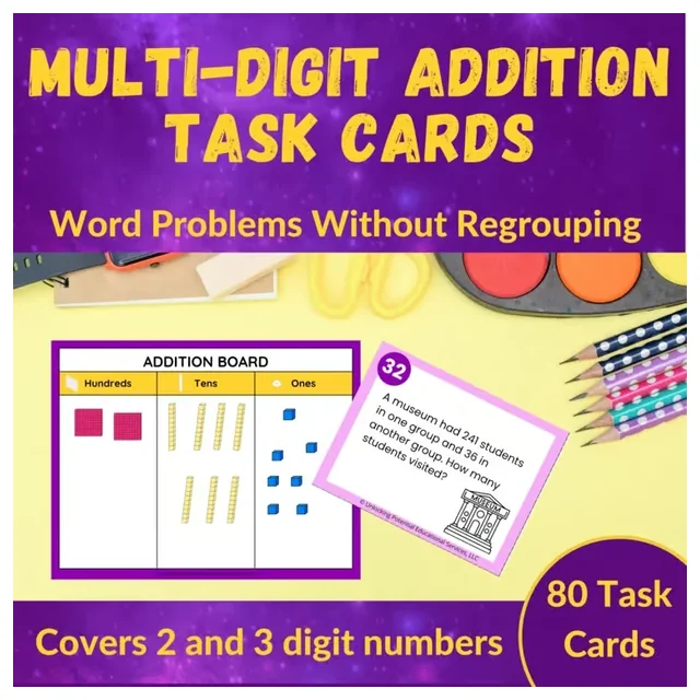 Multi-Digit Addition without Regrouping Word Problem Task Cards - Grades 2 and 3