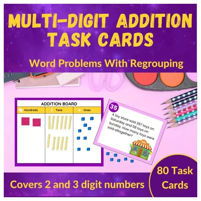 Multi-Digit Addition with Regrouping Word Problem Task Cards - Grades 2 and 3
