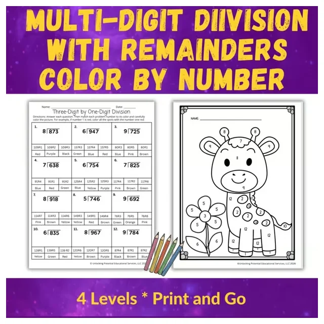 Long Division with Remainders Color by Number | 4th- 5th Grade Math Activities