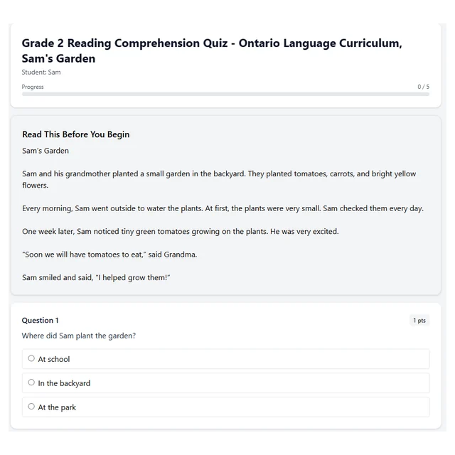 Grade 2 Reading Comprehension Quiz - Ontario Language Curriculum, Sam's Garden