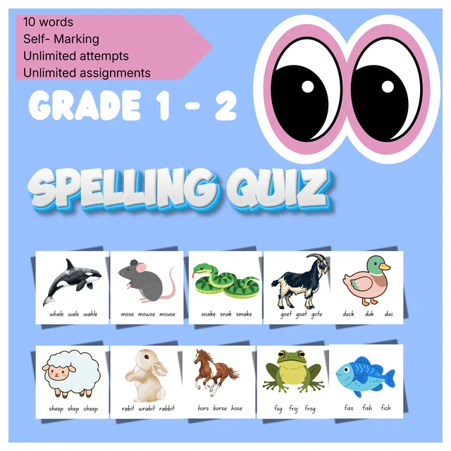 Grade 1/2 Spelling – Animals - Type the Word Activity