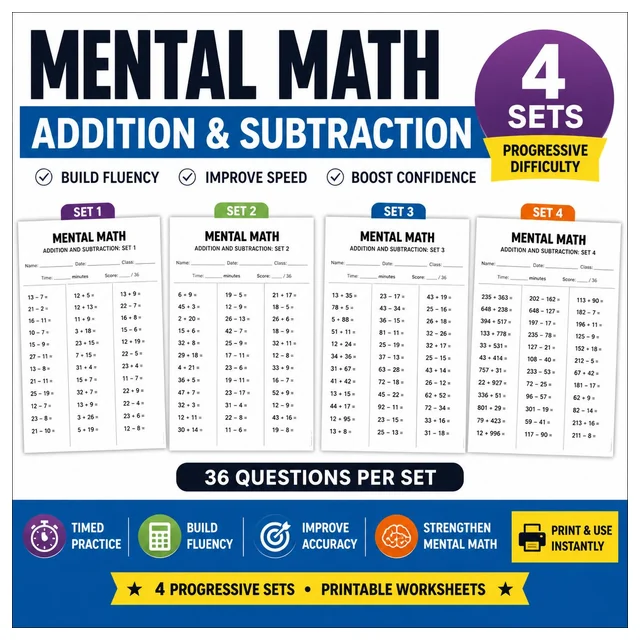 Mental Math Addition and Subtraction Worksheets | Sets 1-4 | 144 total questions