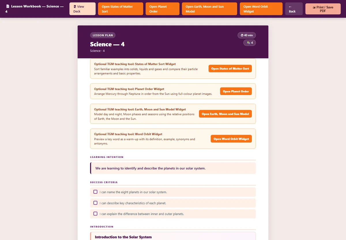 Actual Teacher Companion AI lesson workbook
