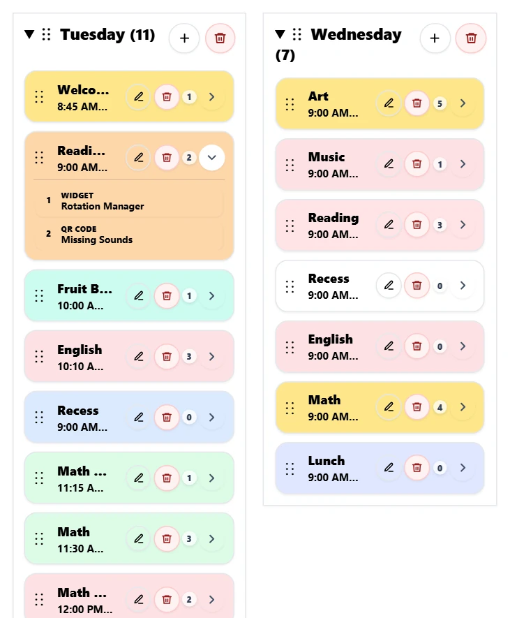 Tuesday and Wednesday from the TGM admin default timetable with the Reading Groups lesson open to show its Rotation Manager and Missing Sounds resources