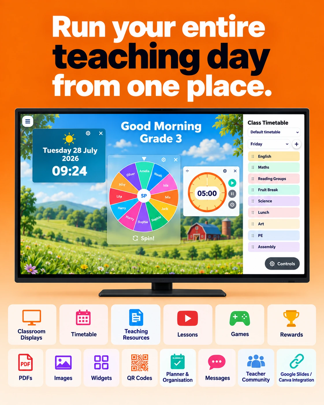 Run your entire teaching day from one real TGM classroom display, with resources, lessons, games, rewards, widgets, planning and Canva or Google Slides integration