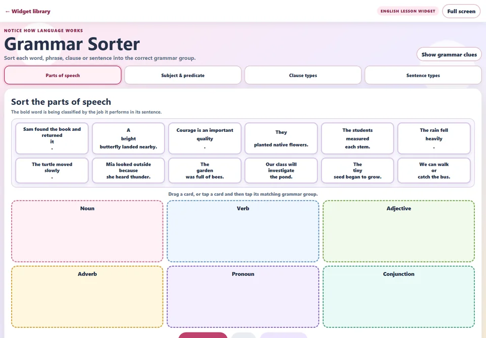 Grammar Sorter lesson widget for parts of speech