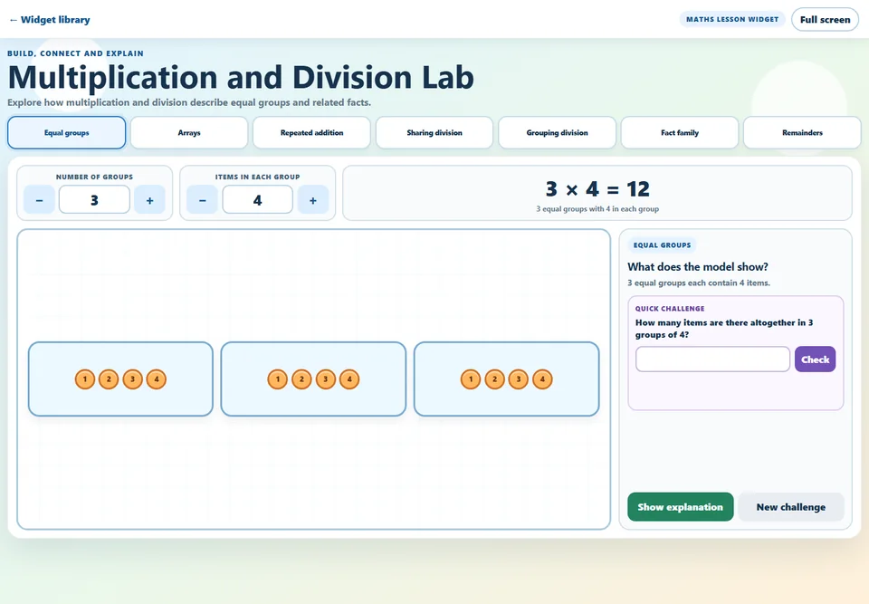 Multiplication and Division Lab lesson widget modelling equal groups